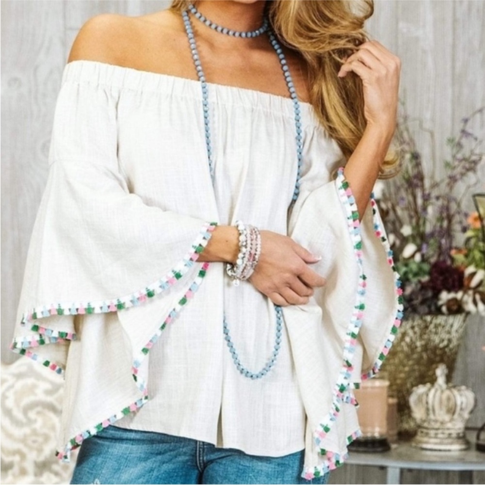 ZARA | Off Shoulder Linen Top With Flutter Sleeves - Multicolor Fringe Trim -NWT